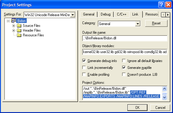 onglet link - General - Project Options