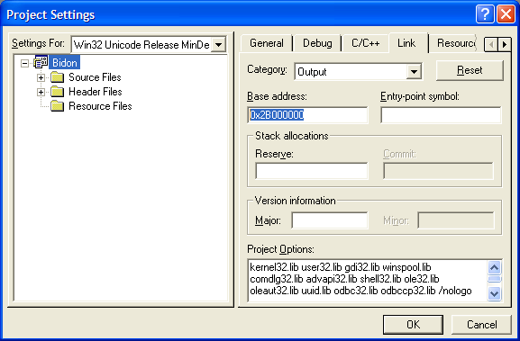 onglet link - Output - Base address